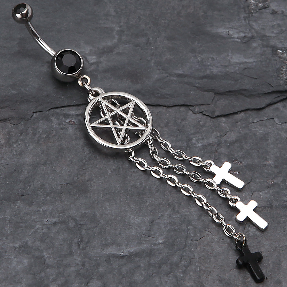 Detail View 2 of Pentagram Triple Cross Charm Dangle Belly Ring-Black