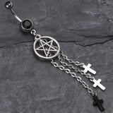 Detail View 2 of Pentagram Triple Cross Charm Dangle Belly Ring-Black