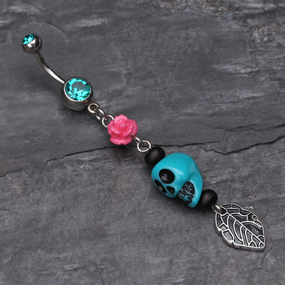 Detail View 2 of Colorful Rose Skull Leaf Dangle Belly Ring-Teal