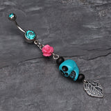 Detail View 2 of Colorful Rose Skull Leaf Dangle Belly Ring-Teal