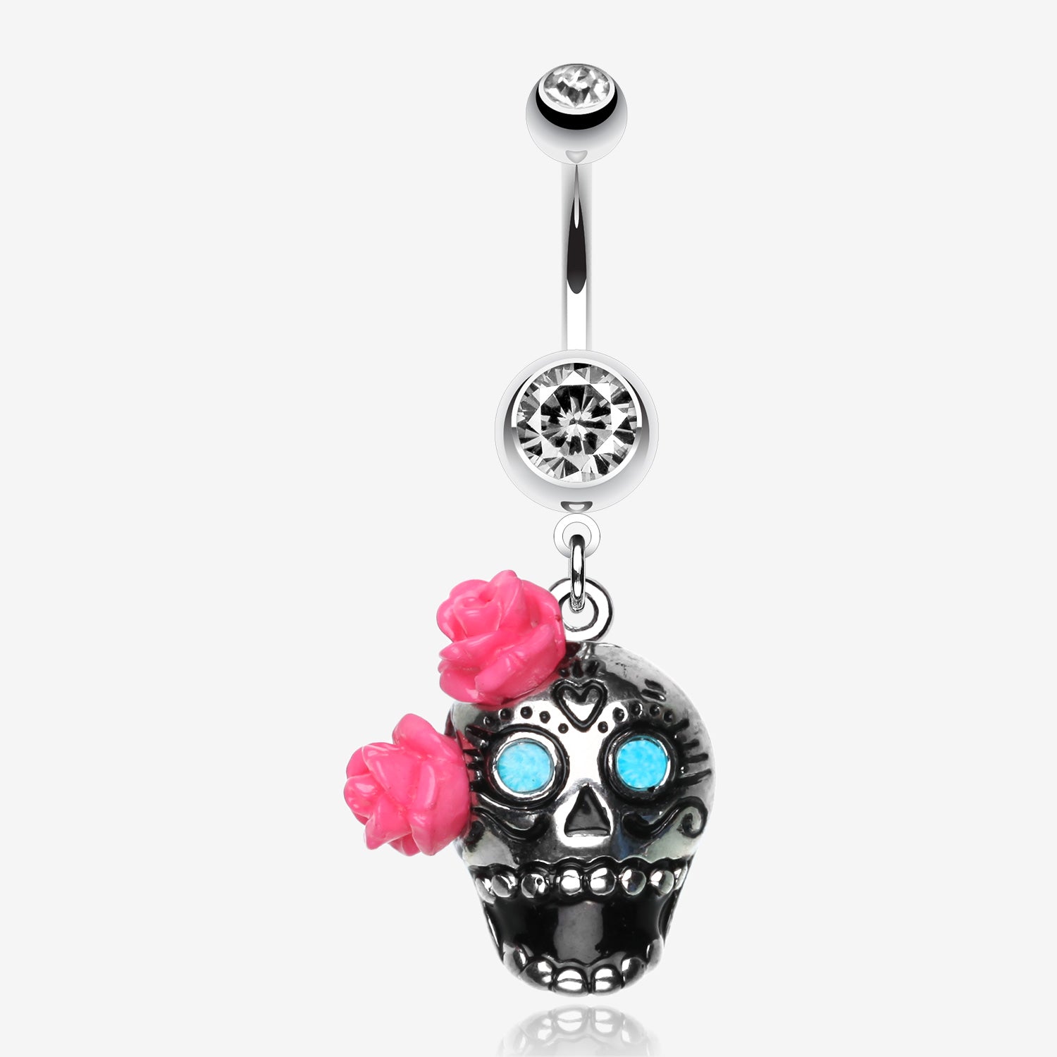 Bright Sugar Skull Rose Belly Ring-Clear Gem
