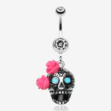 Bright Sugar Skull Rose Belly Ring