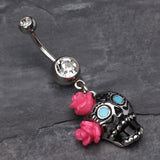 Detail View 2 of Bright Sugar Skull Rose Belly Ring-Clear Gem