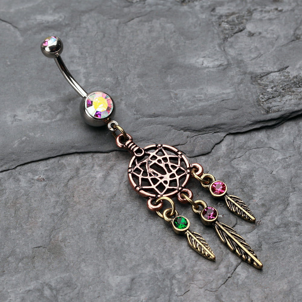 Detail View 2 of Majestic Elegance Dream Catcher Belly Ring-Aurora Borealis