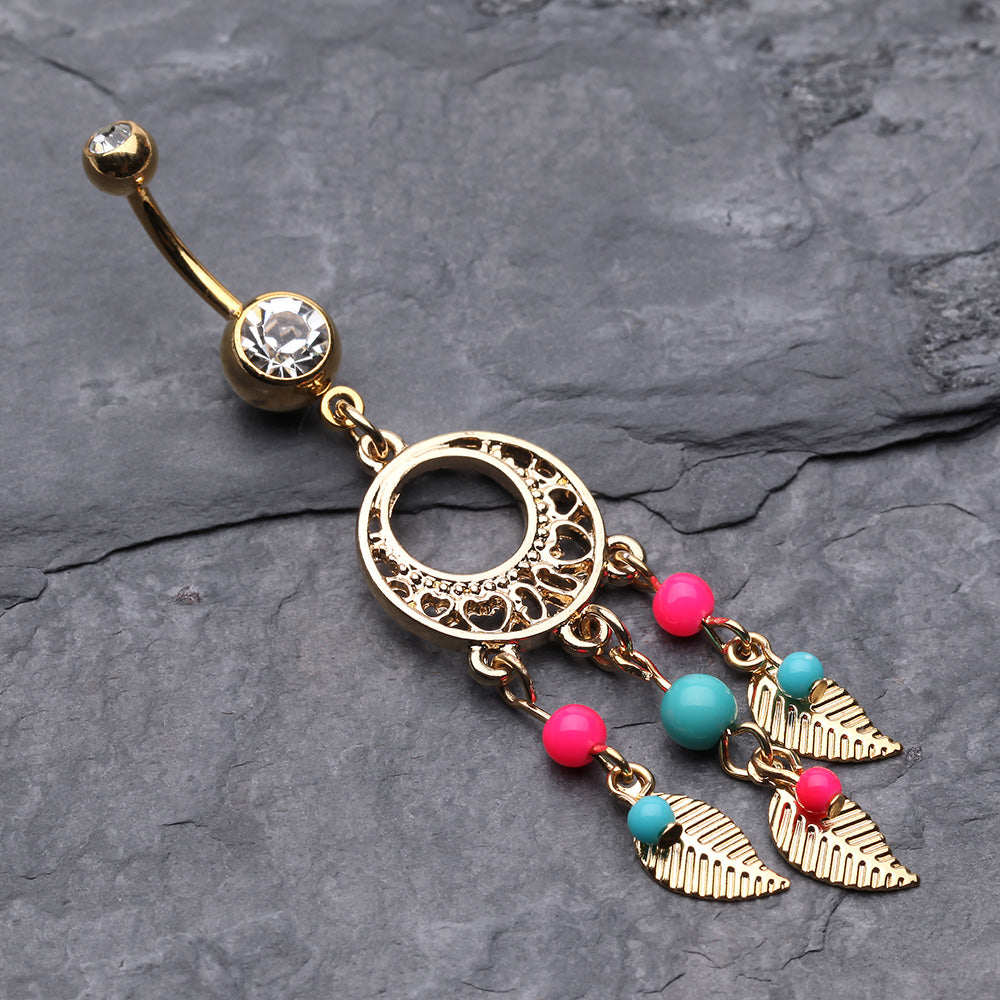 Detail View 2 of Golden Enchanted Dream Catchers Belly Button Ring-Clear Gem
