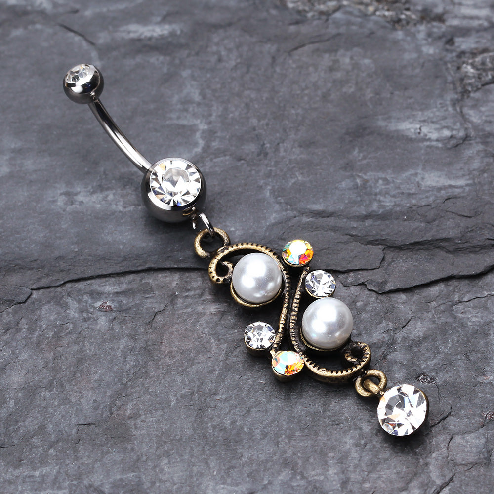 Detail View 2 of Vintage Pearl Journey Belly Button Ring-Clear Gem