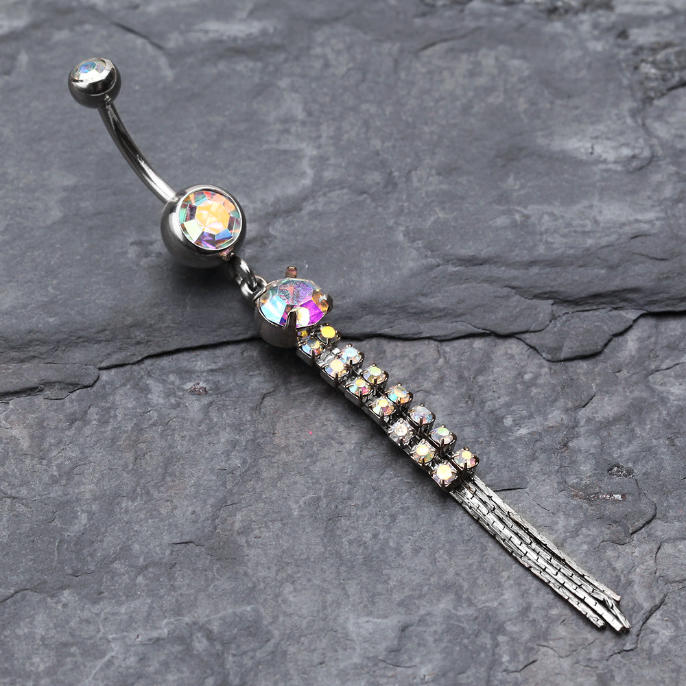 Detail View 2 of Sparkling Gem Chain Tassel Belly Ring-Aurora Borealis