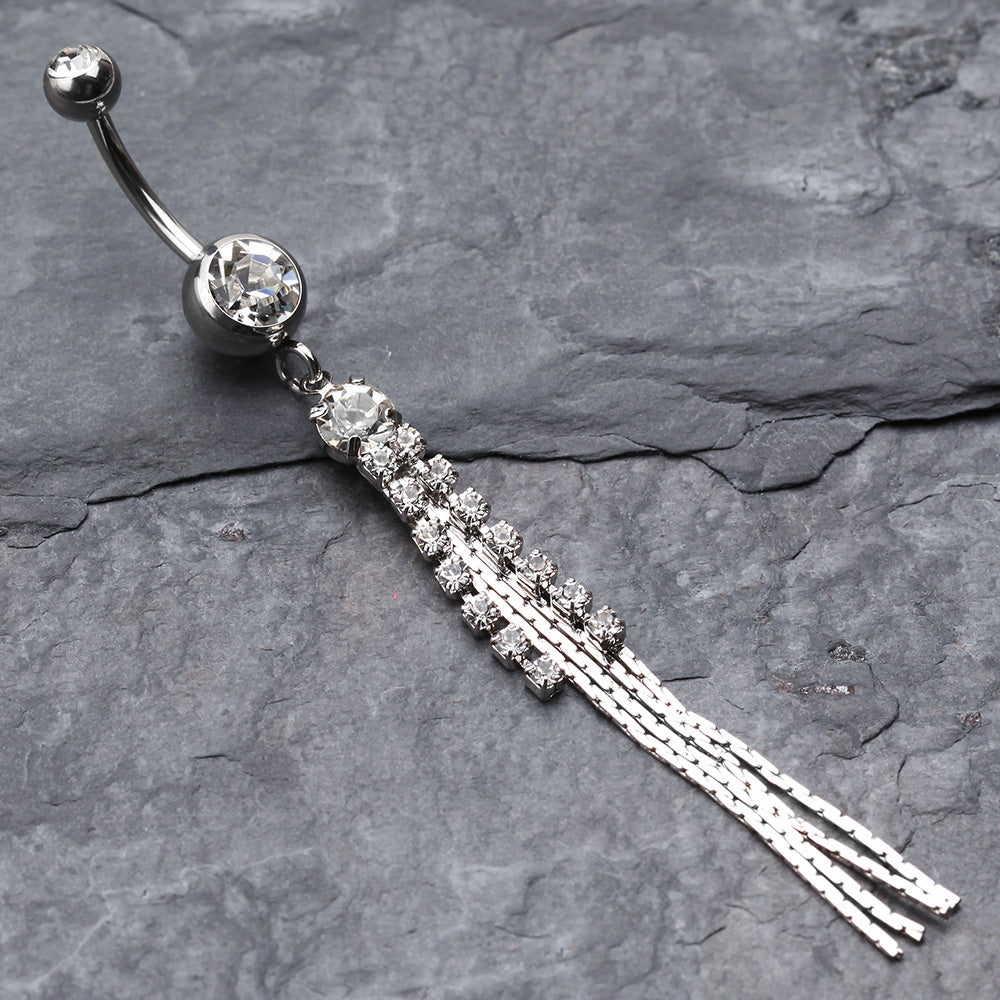 Detail View 2 of Sparkling Gem Chain Tassel Belly Ring-Clear Gem