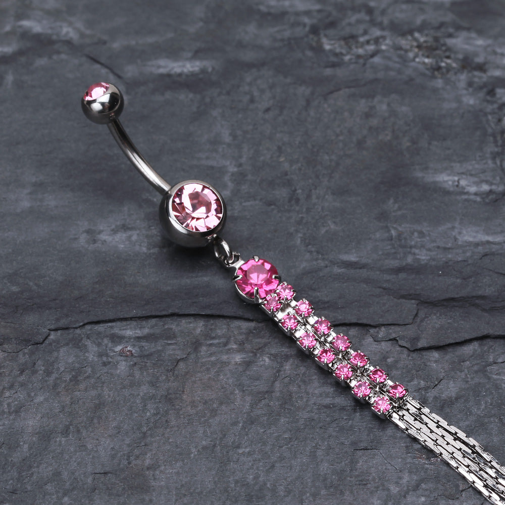 Detail View 2 of Sparkling Gem Chain Tassel Belly Ring-Light Pink