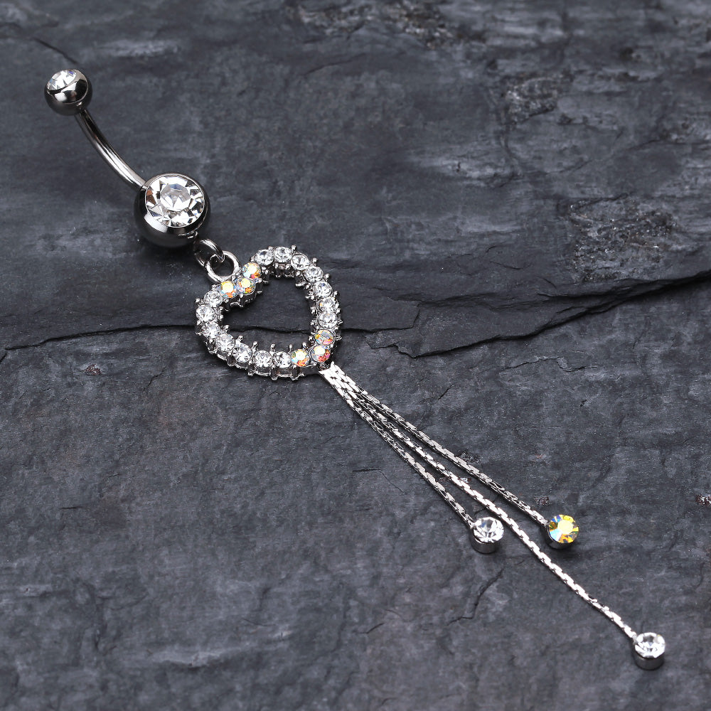 Detail View 2 of Classy Heart Cascading Belly Button Ring-Clear Gem