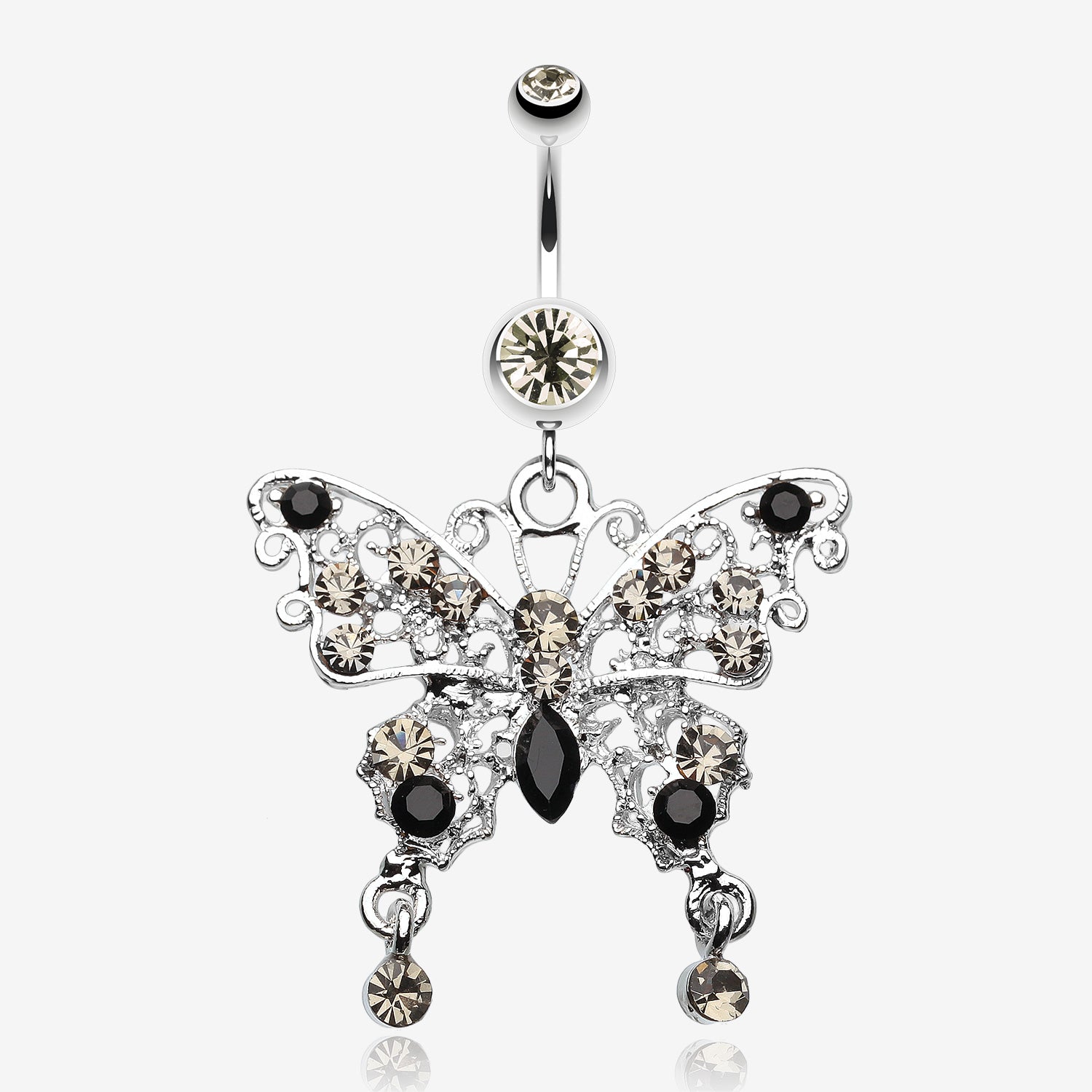 Fancy Gem Butterfly Belly Button Ring-Black Diamond/Black