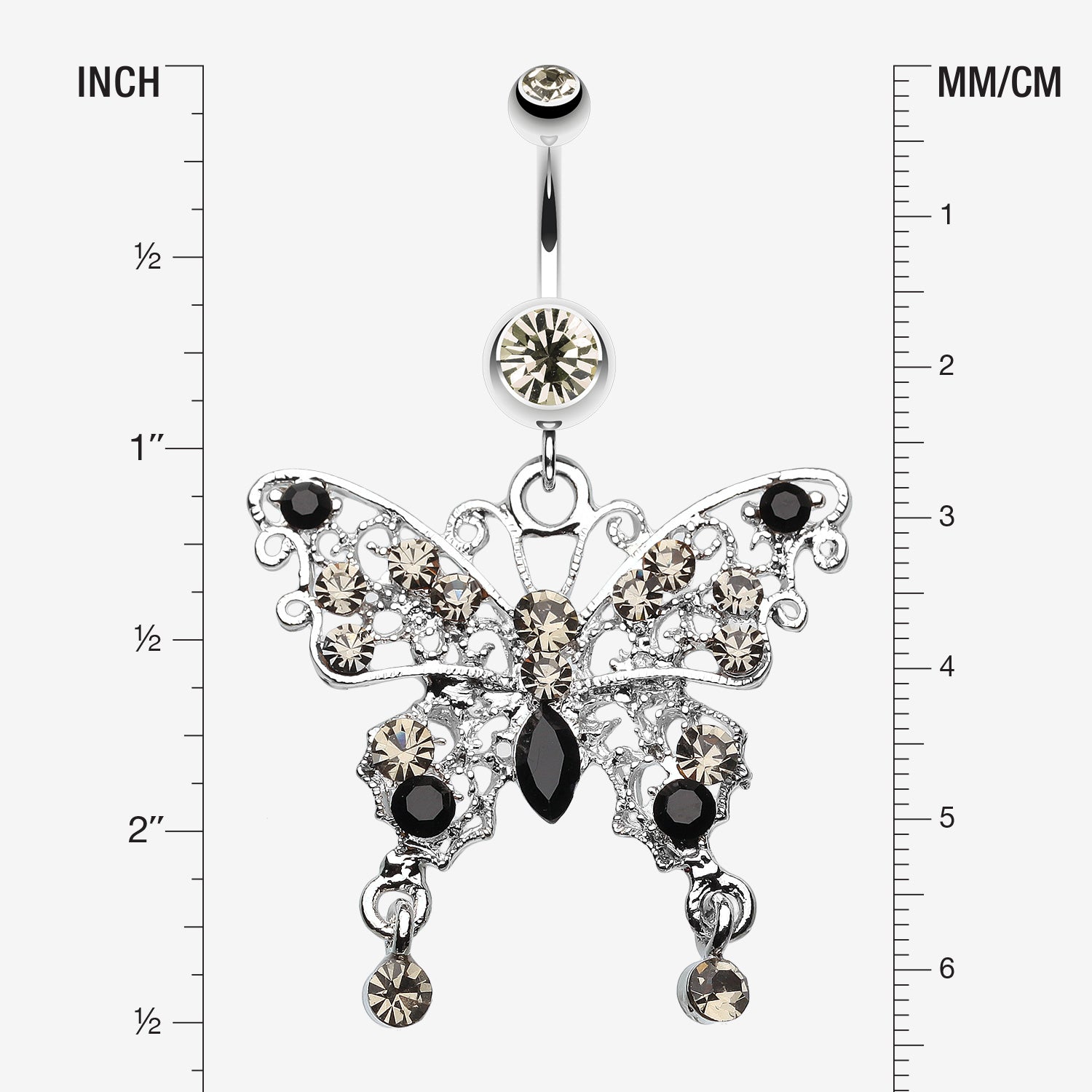 Detail View 1 of Fancy Gem Butterfly Belly Button Ring-Black Diamond/Black