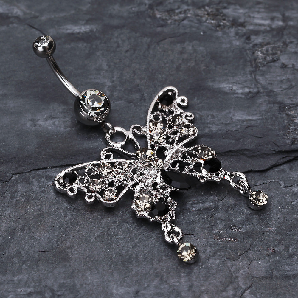 Detail View 2 of Fancy Gem Butterfly Belly Button Ring-Black Diamond/Black