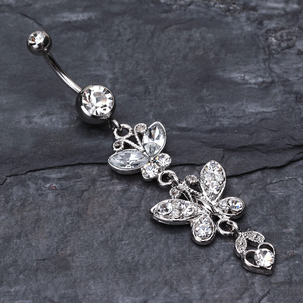 Detail View 2 of Jeweled Butterflies Belly Button Rings-Clear Gem