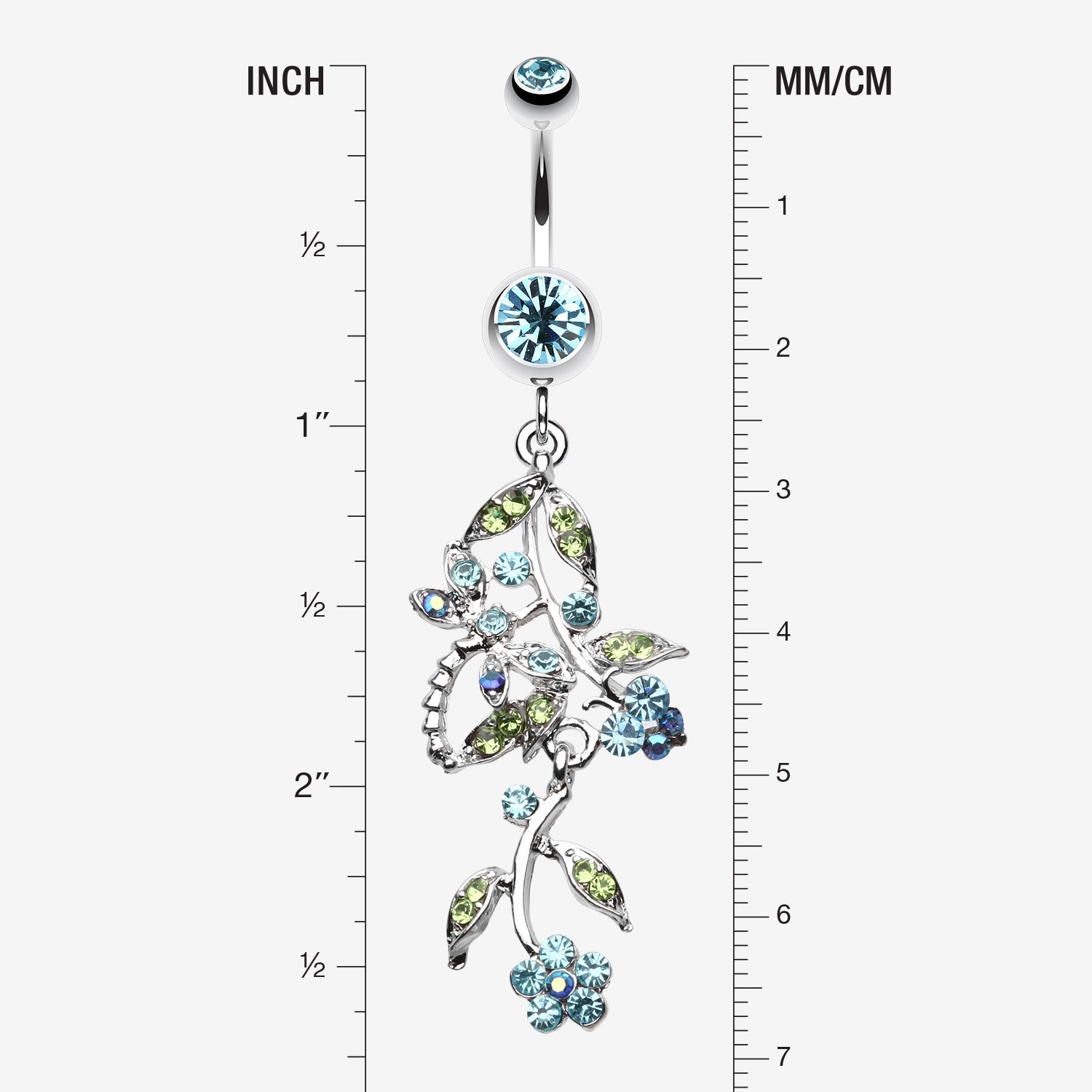 Detail View 1 of Romantic Vines with Flowers Belly Button Rings-Aqua