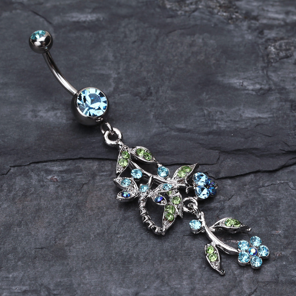 Detail View 2 of Romantic Vines with Flowers Belly Button Rings-Aqua