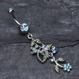 Detail View 2 of Romantic Vines with Flowers Belly Button Rings-Aqua
