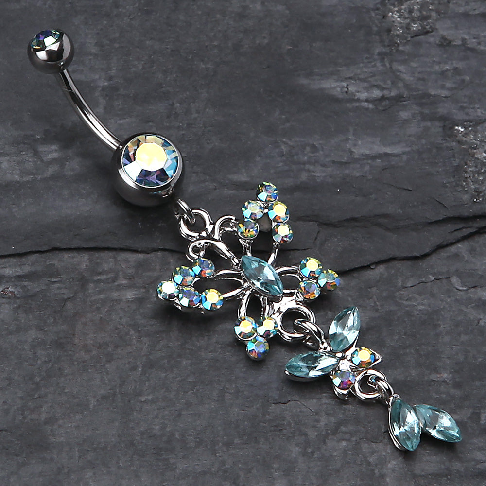 Detail View 2 of Glam Butterfly Fall Fancy Belly Ring-Aqua/Aurora Borealis