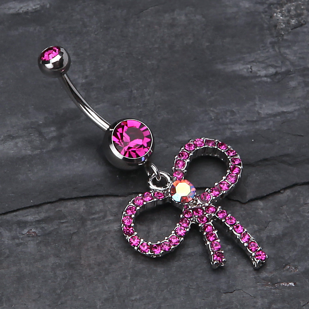 Detail View 2 of Sparkling Ribbon Dangle Belly Ring-Fuchsia