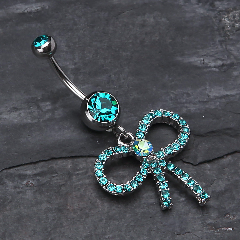 Detail View 2 of Sparkling Ribbon Dangle Belly Ring-Teal