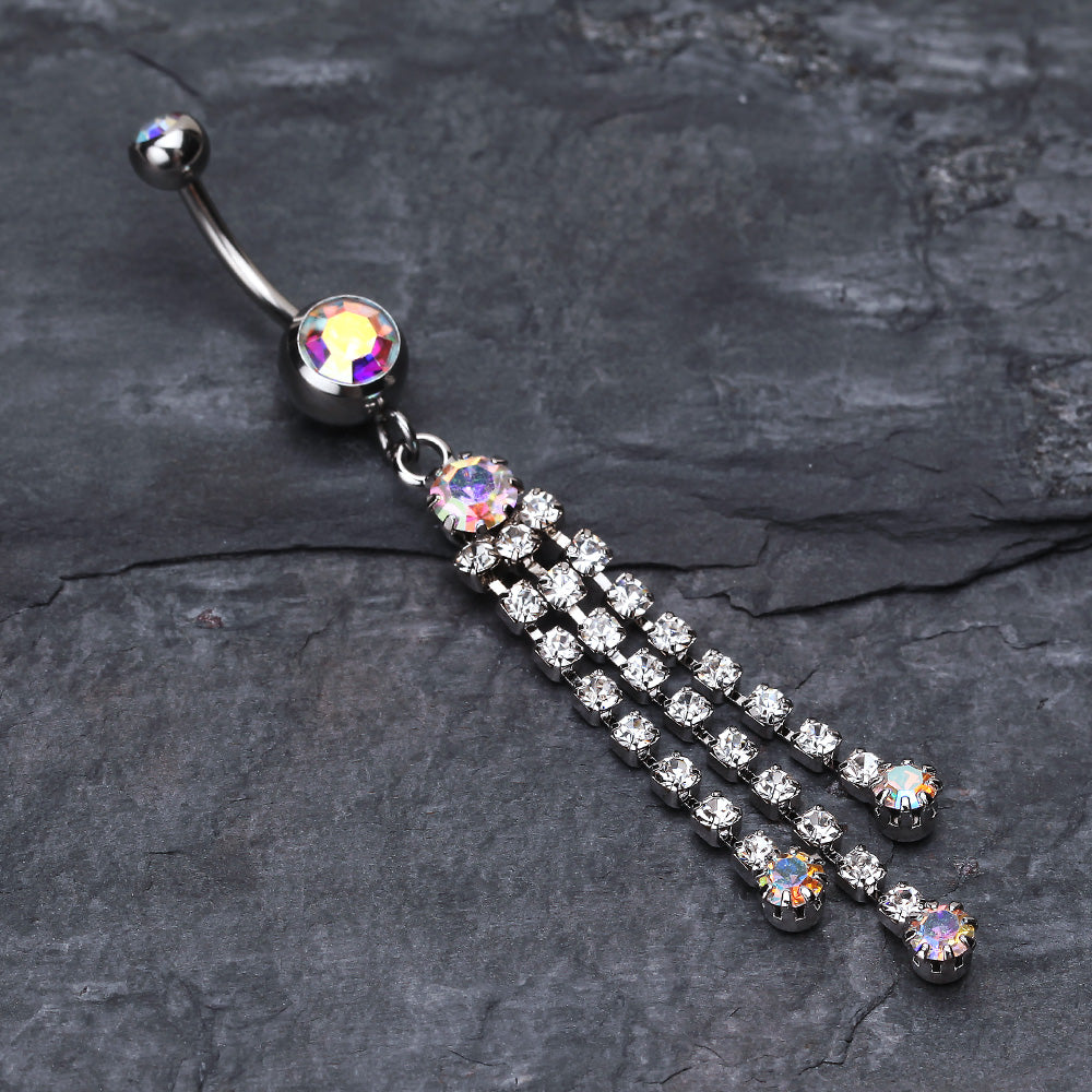 Detail View 2 of Cascading Sparkle Belly Button Ring-Aurora Borealis