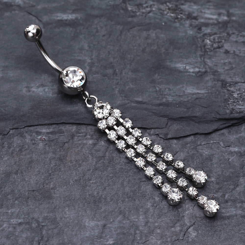 Detail View 2 of Cascading Sparkle Belly Button Ring-Clear Gem