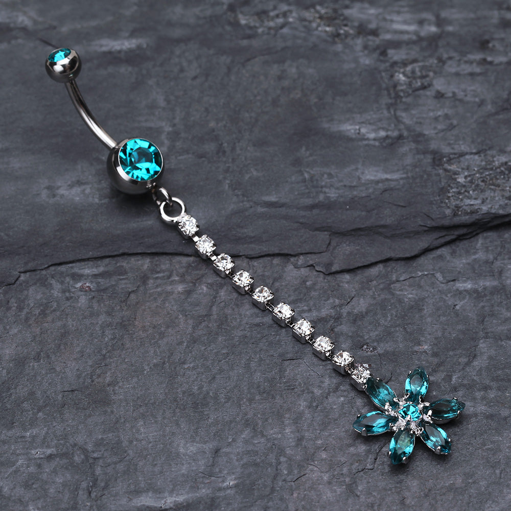 Detail View 2 of Flower Journey Gem Sparkle Belly Ring-Teal