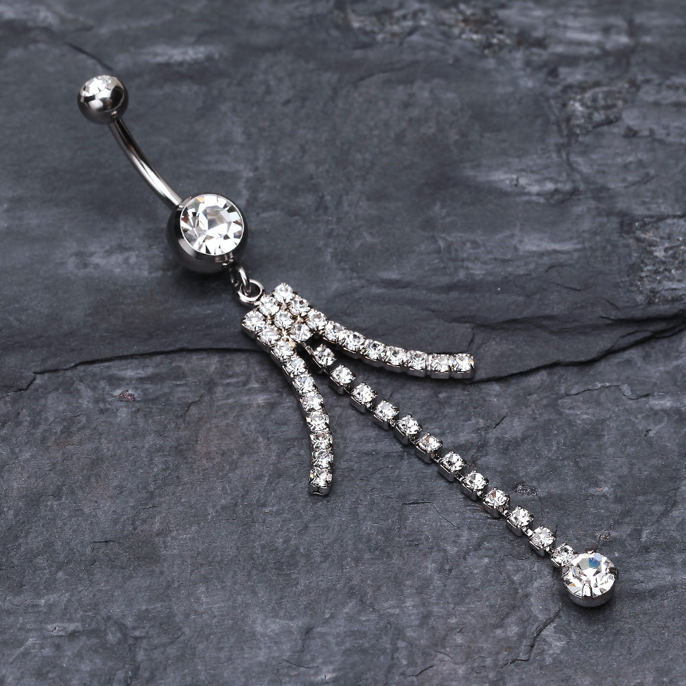 Detail View 2 of Elegant Bejeweled Cascading Belly Button Ring-Clear Gem