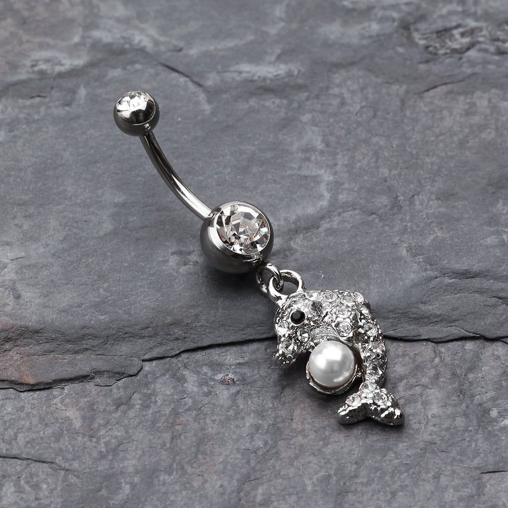 Detail View 2 of Sparkling Dolphin Belly Button Ring-Clear Gem/White