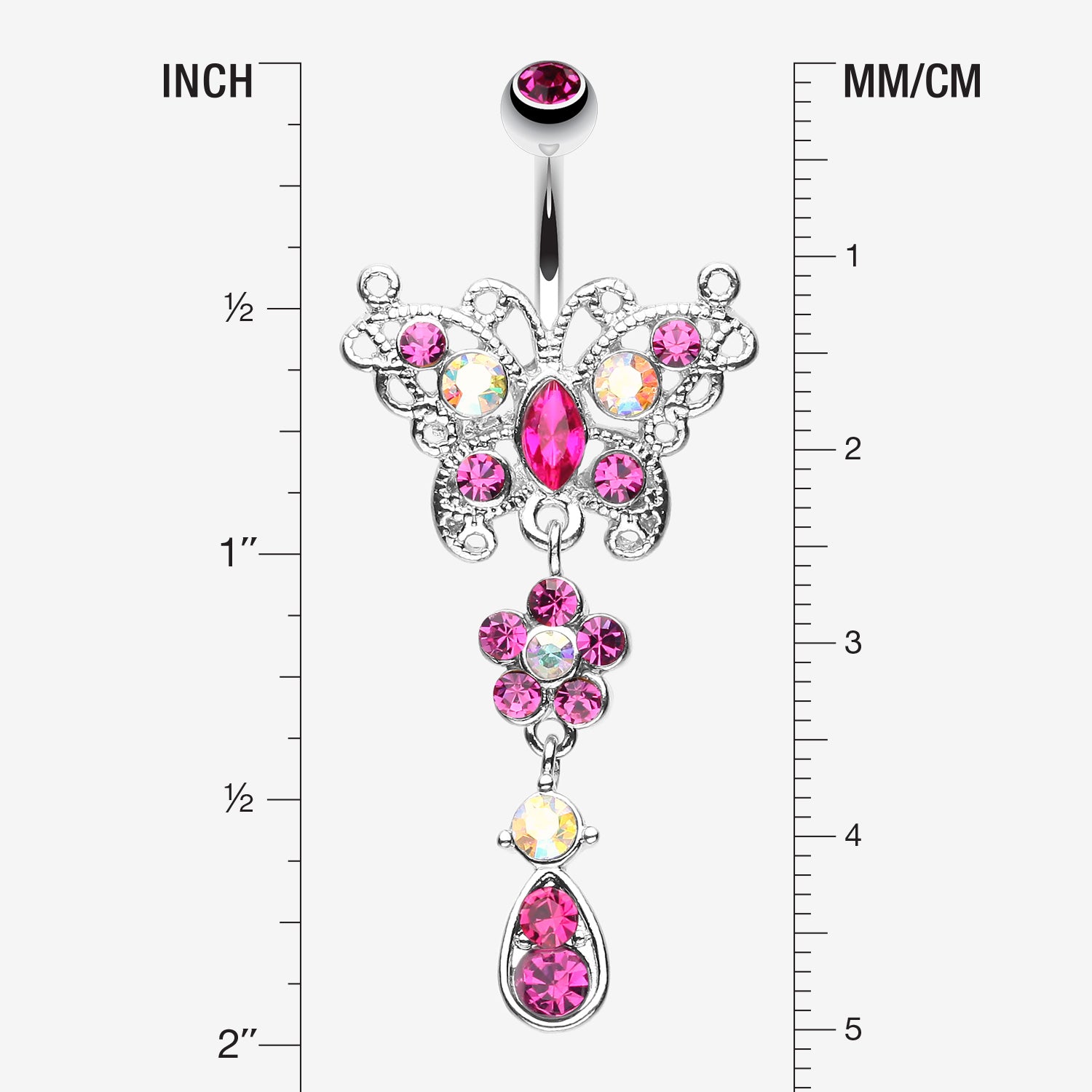 Detail View 1 of Glistening Butterfly Flower Belly Button Ring-Fuchsia