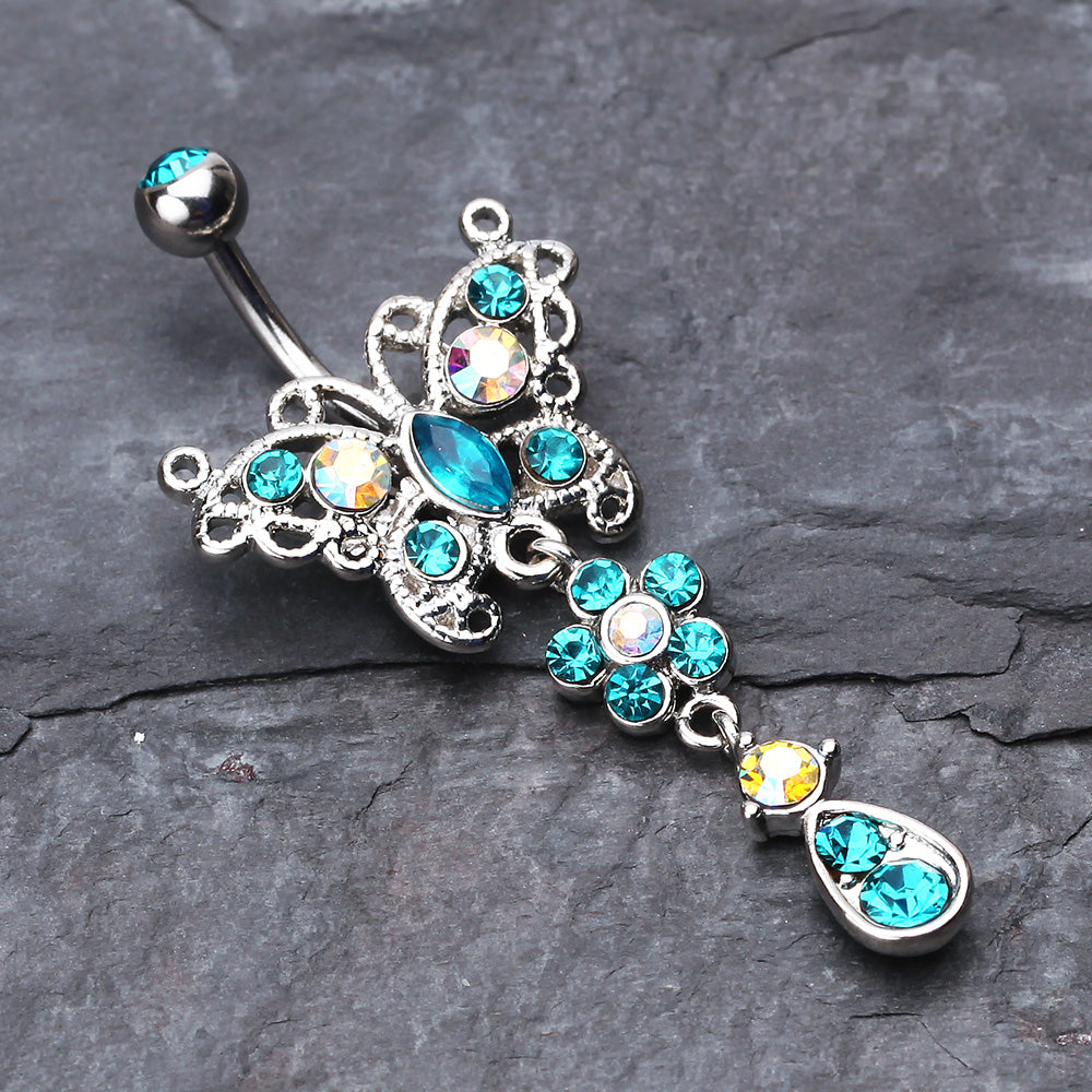 Detail View 2 of Glistening Butterfly Flower Belly Button Ring-Teal