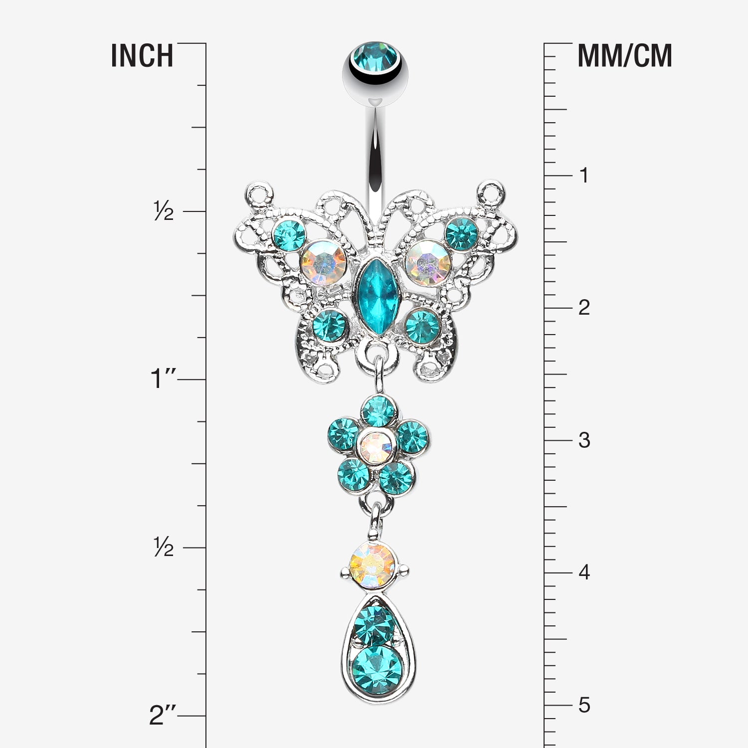 Detail View 1 of Glistening Butterfly Flower Belly Button Ring-Teal