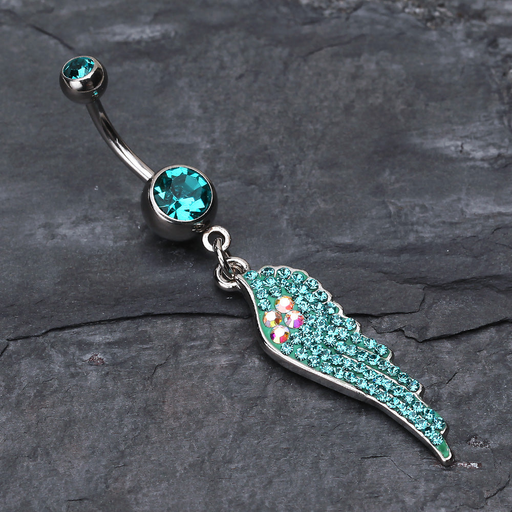Detail View 2 of Jeweled Angel Wing Sparkle Belly Ring-Teal