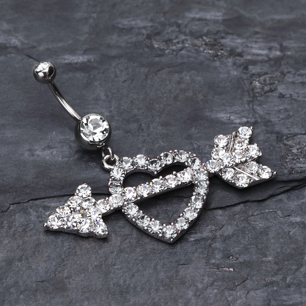 Detail View 2 of Jeweled Heart Arrow Belly Ring-Clear Gem