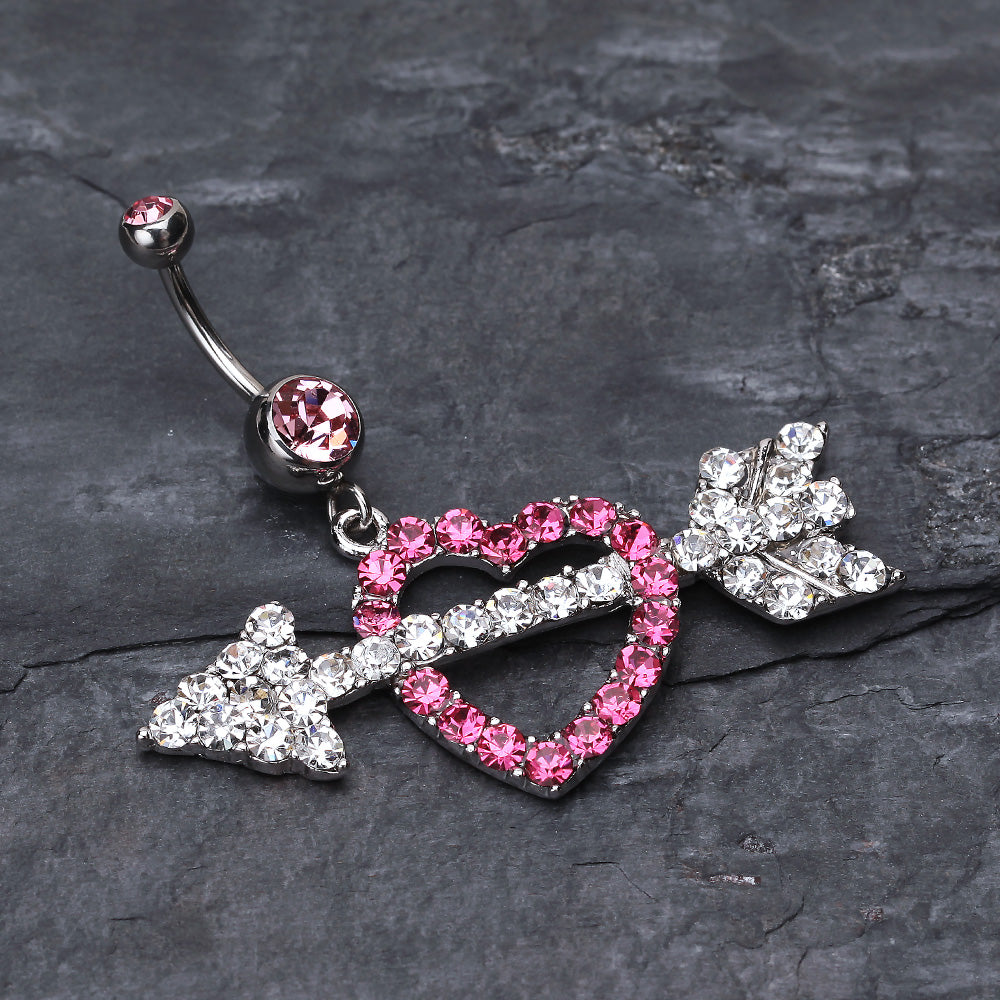 Detail View 2 of Jeweled Heart Arrow Belly Ring-Light Pink