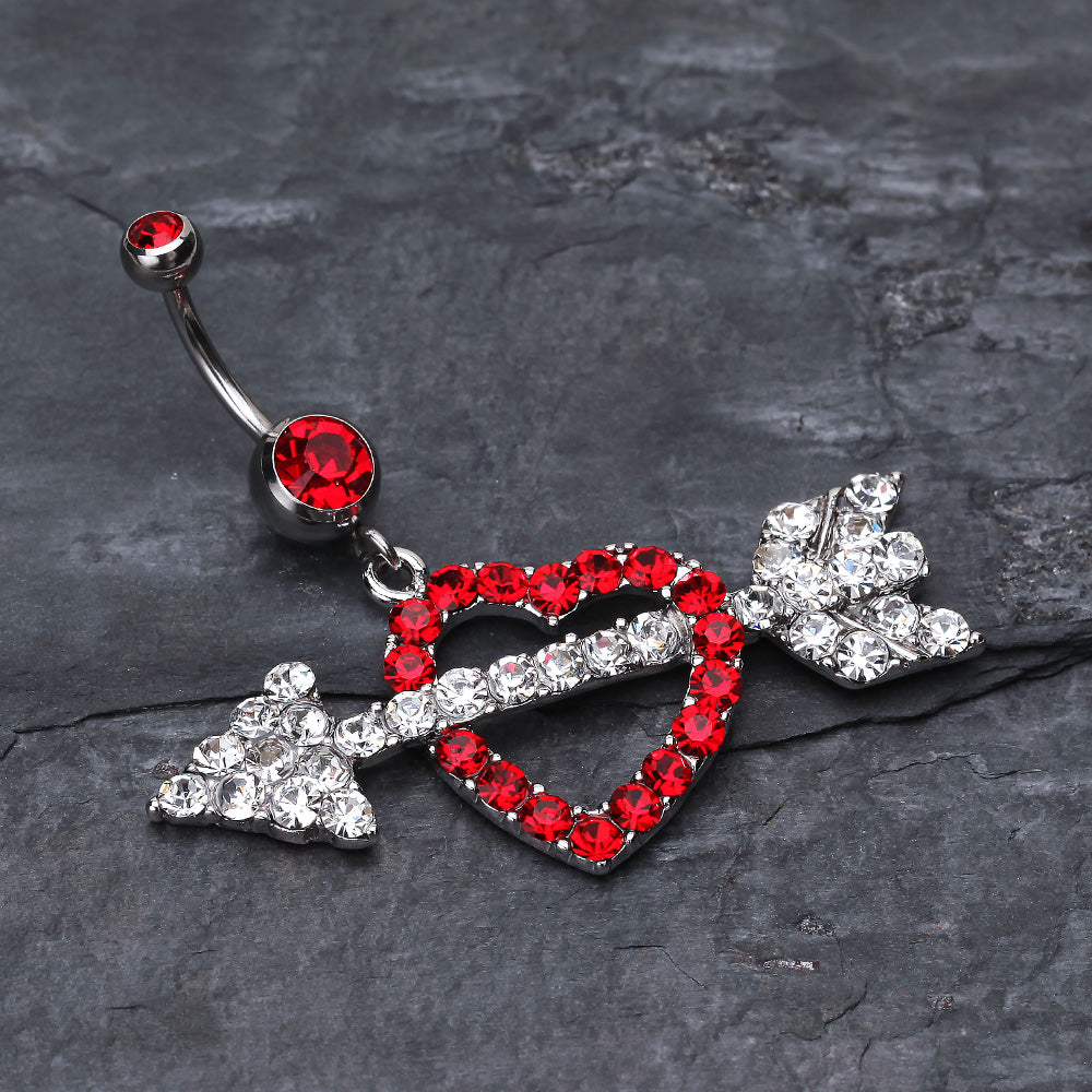 Detail View 2 of Jeweled Heart Arrow Belly Ring-Red