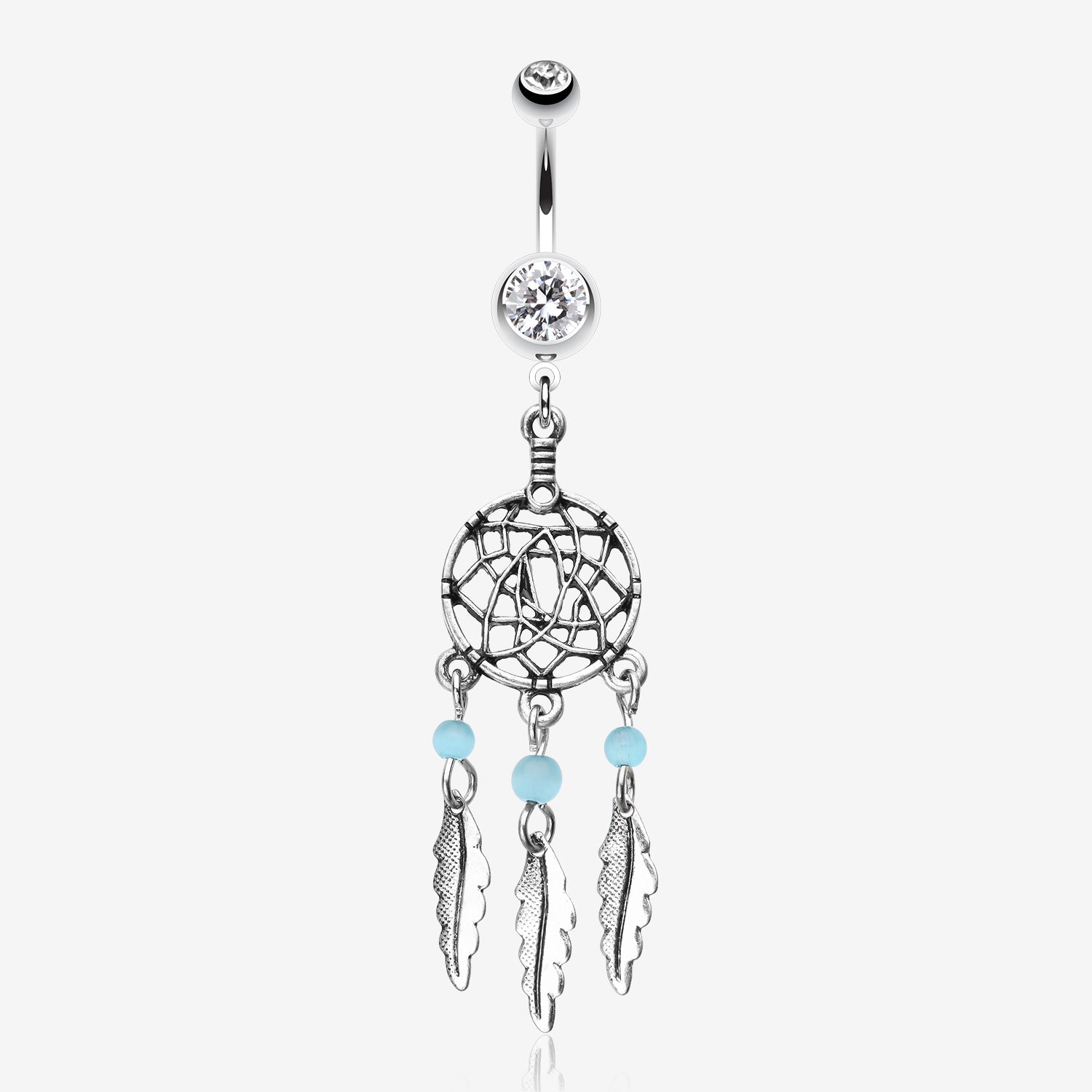 Classic Beaded Dreamcatcher Belly Button Ring-Clear Gem/Aqua