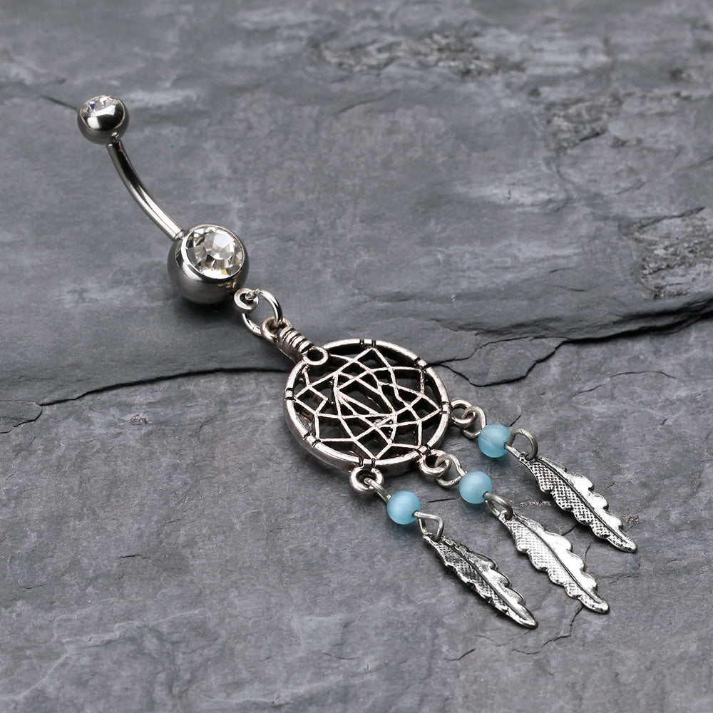 Detail View 2 of Classic Beaded Dreamcatcher Belly Button Ring-Clear Gem/Aqua