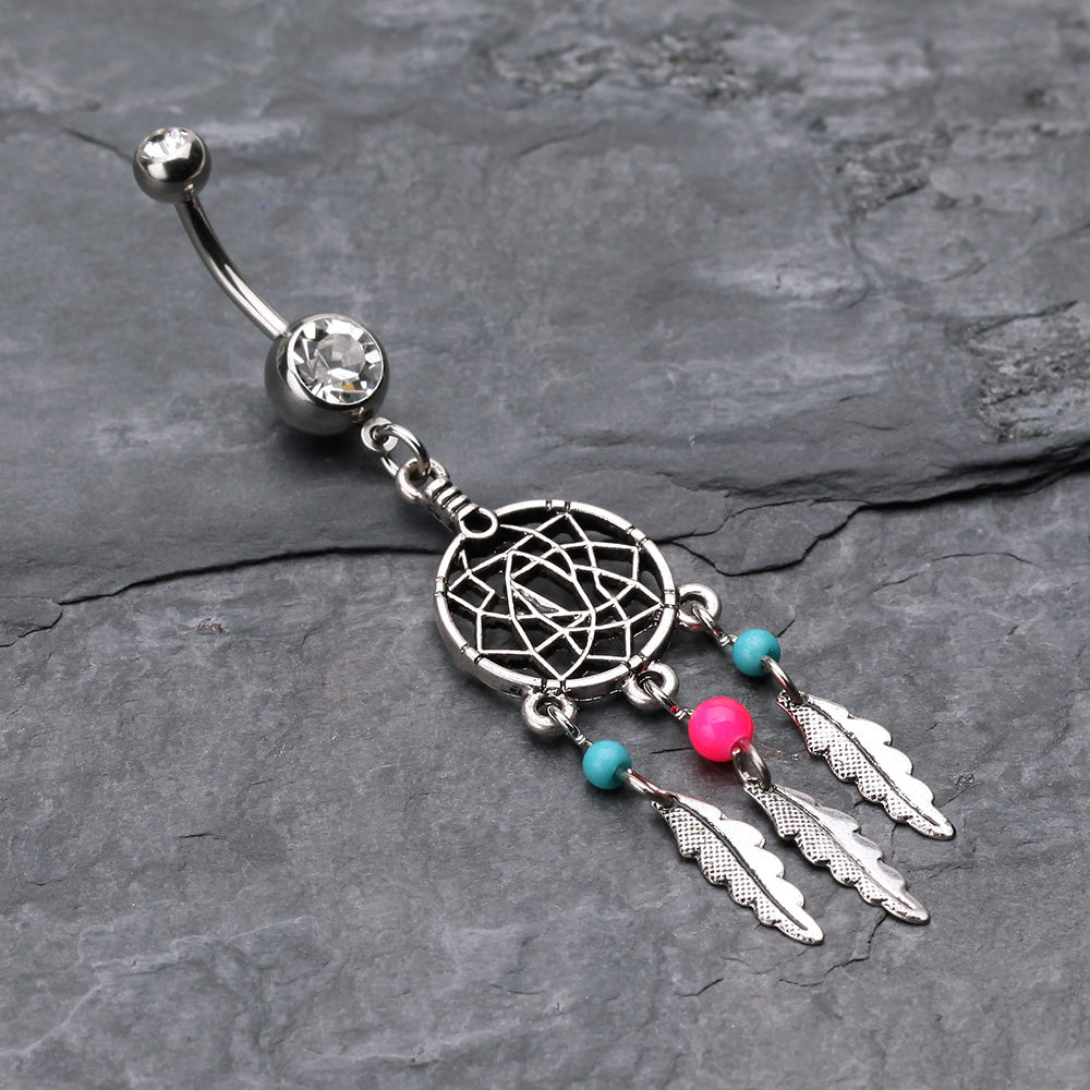 Detail View 2 of Classic Beaded Dreamcatcher Belly Button Ring-Clear Gem/Pink