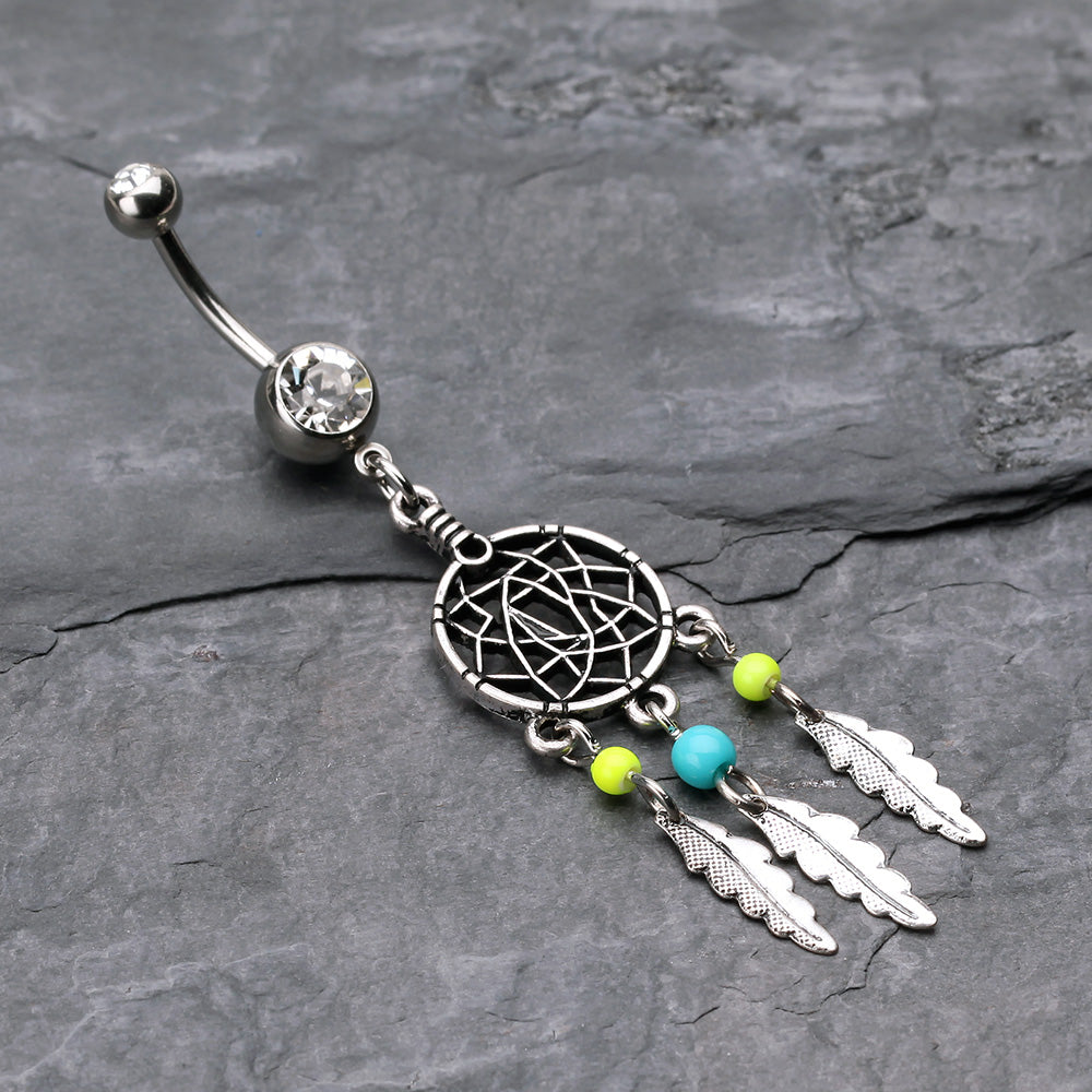 Detail View 2 of Classic Beaded Dreamcatcher Belly Button Ring-Clear Gem/Yellow