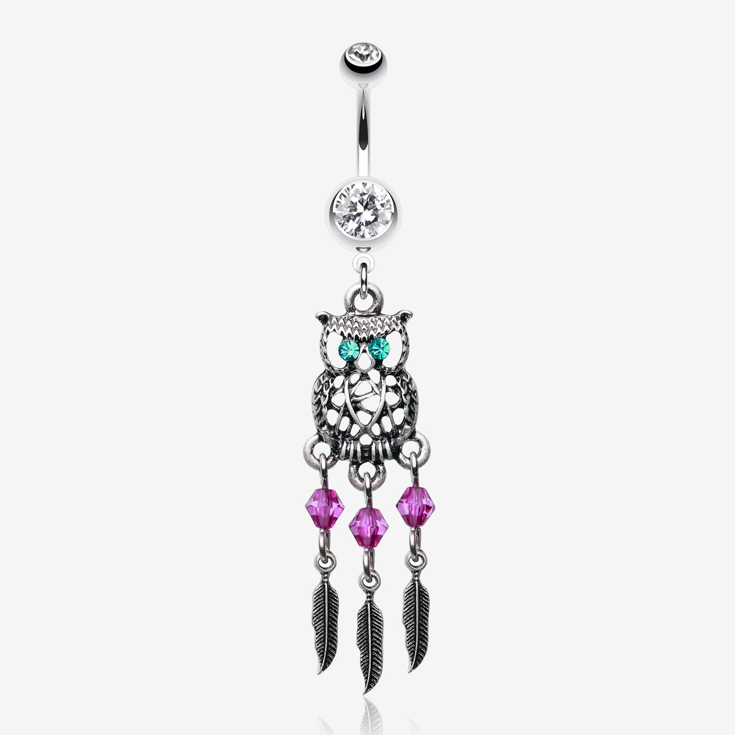 Guardian Owl Dreamcatcher Belly Button Ring-Clear Gem