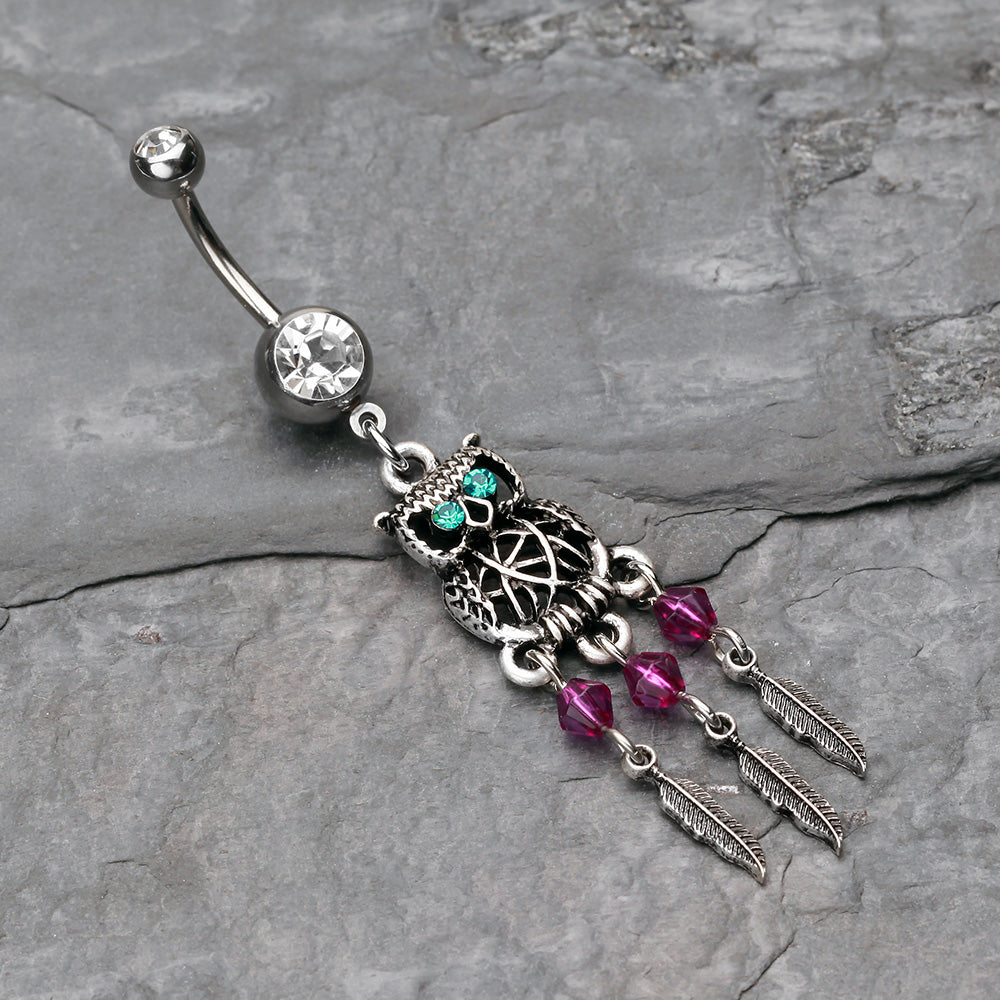 Detail View 2 of Guardian Owl Dreamcatcher Belly Button Ring-Clear Gem