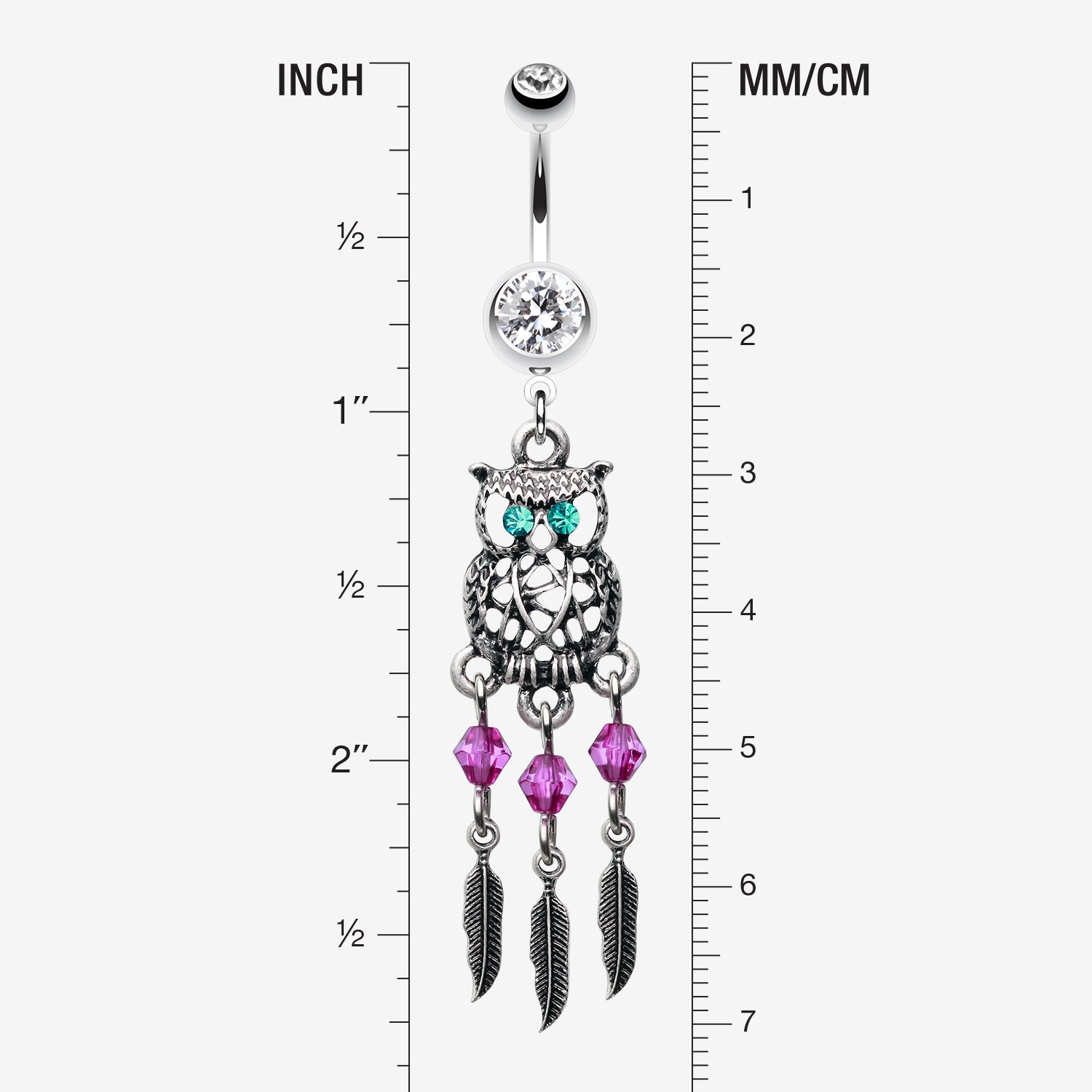 Detail View 1 of Guardian Owl Dreamcatcher Belly Button Ring-Clear Gem