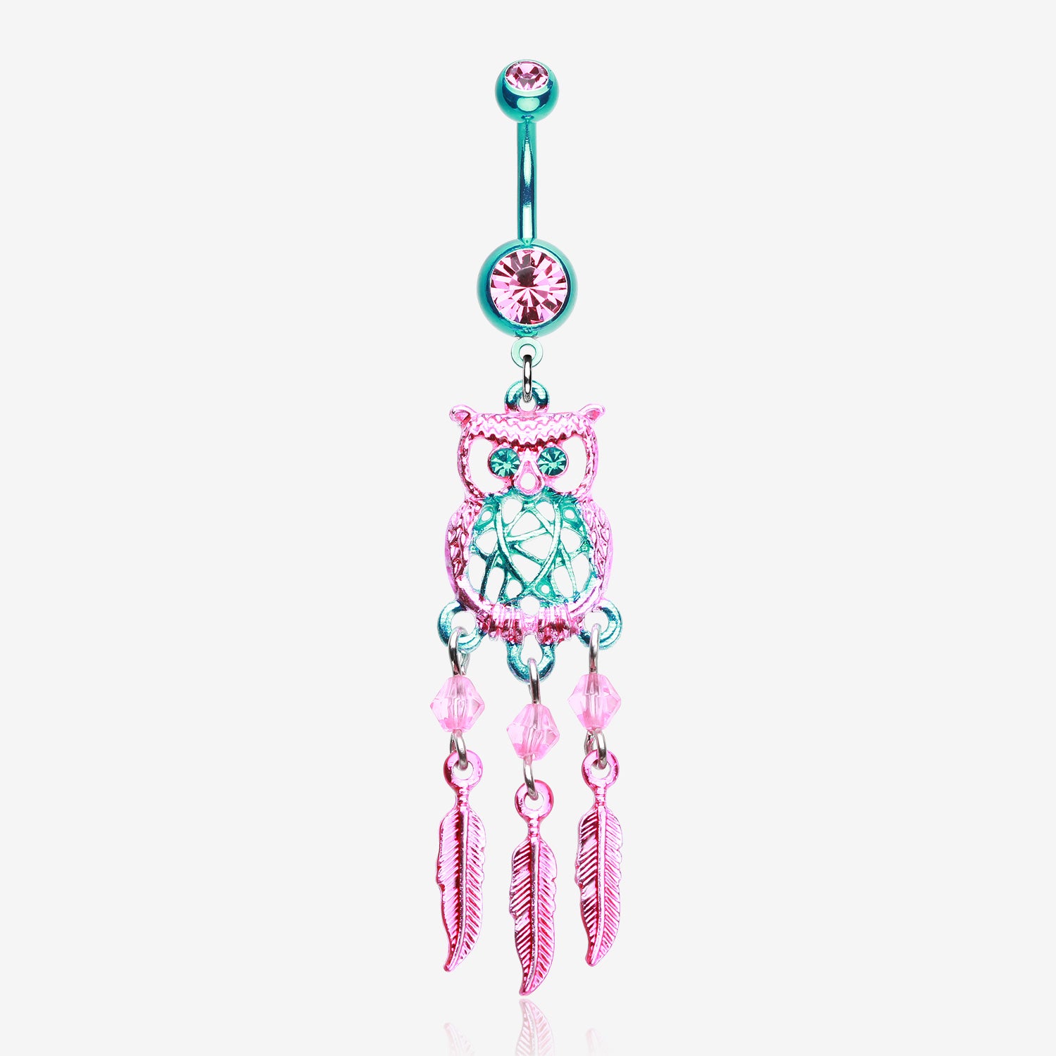 Colorline Guardian Owl Dreamcatcher Belly Button Ring-Teal/Pink