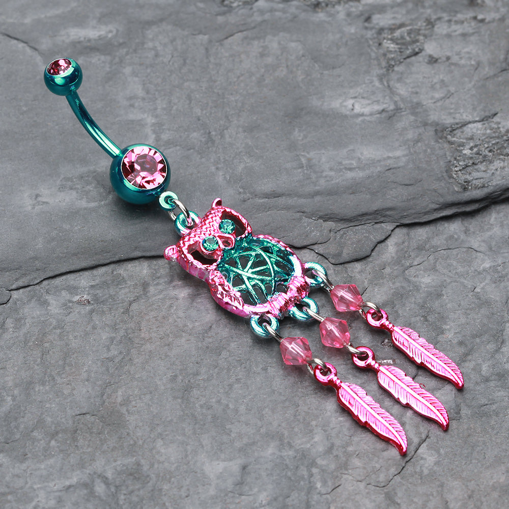 Detail View 2 of Colorline Guardian Owl Dreamcatcher Belly Button Ring-Teal/Pink