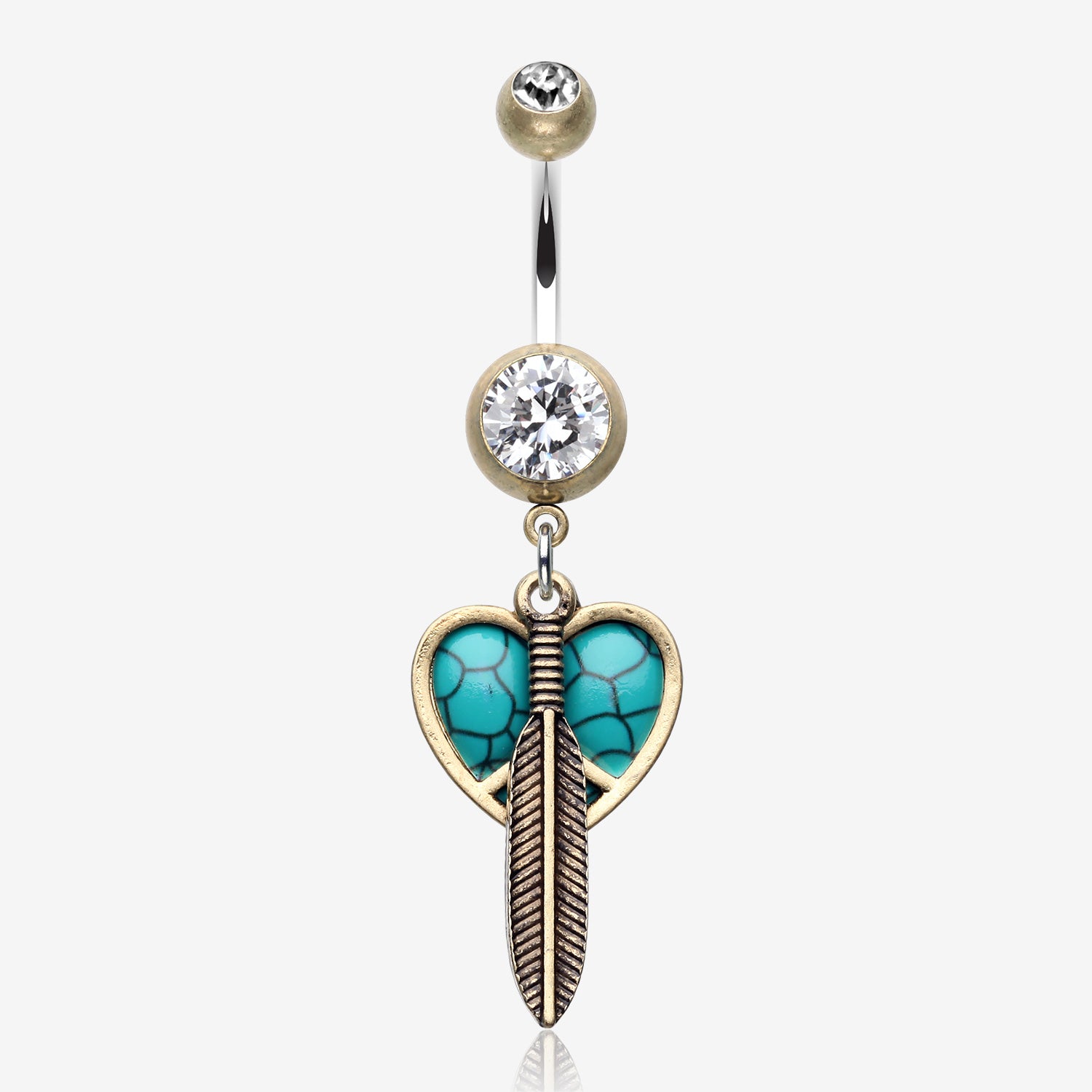 Vintage Boho Peace Heart with Feather Belly Button Ring-Brass/Clear/Turquoise