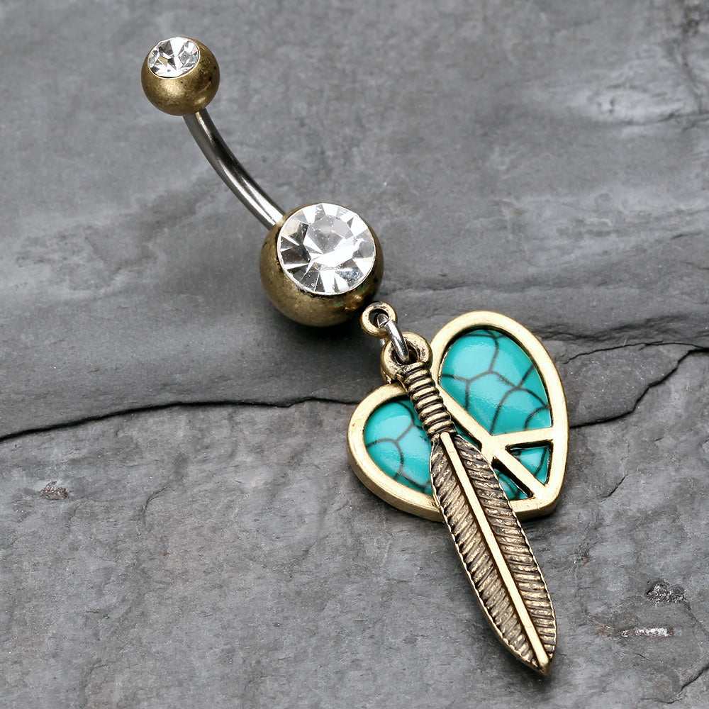 Detail View 2 of Vintage Boho Peace Heart with Feather Belly Button Ring-Brass/Clear/Turquoise
