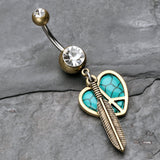 Detail View 2 of Vintage Boho Peace Heart with Feather Belly Button Ring-Brass/Clear/Turquoise