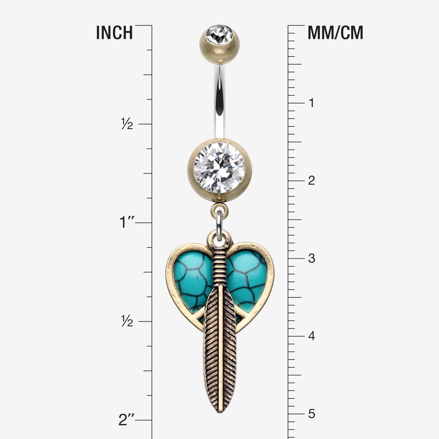 Detail View 1 of Vintage Boho Peace Heart with Feather Belly Button Ring-Brass/Clear/Turquoise