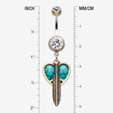 Detail View 1 of Vintage Boho Peace Heart with Feather Belly Button Ring-Brass/Clear/Turquoise